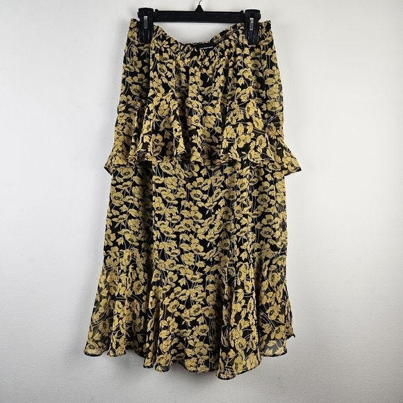 Who What Wear Floral Black Yellow Tiered Maxi Skirt Size L Lined elastic waist - Picture 1 of 5